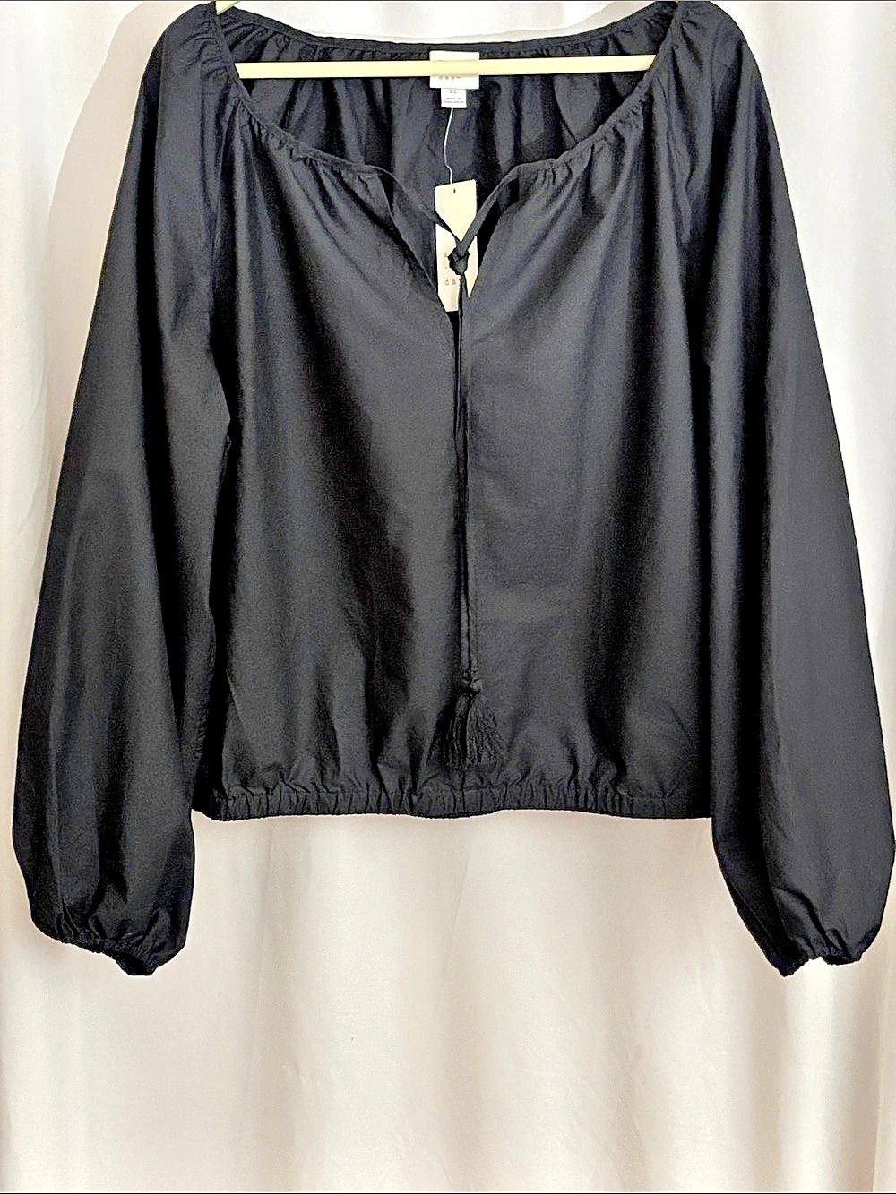 a new day Women's Long Balloon Sleeve, Tie-Front, Bubble Hem Blouse NWT